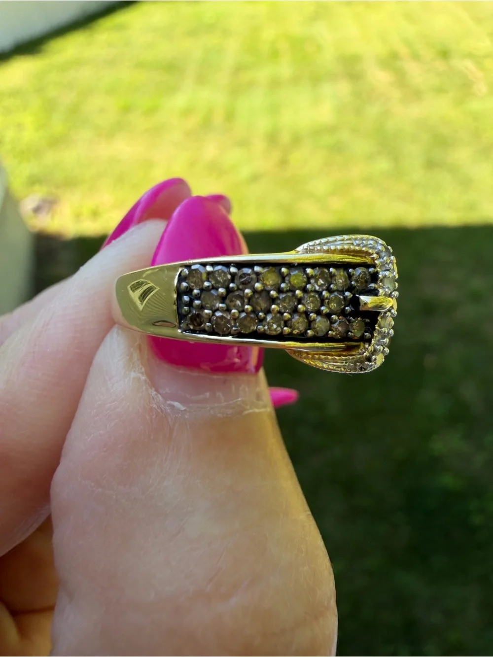10K Gold Natural Champagne & White Diamond Buckle Ring